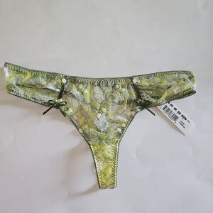 NWT Freya LEONA Large L Thong Sheer Y2K Fairie Green Embroidered Rose Bows